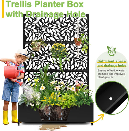 FENCY Metal Raised Garden Bed with Wheels and Trellis,73"x47"x16" Planter Box for Climbing Plants, Vegetables & Vines, Features Privacy Screen and Drainage Holes (Black-Leaf-2)