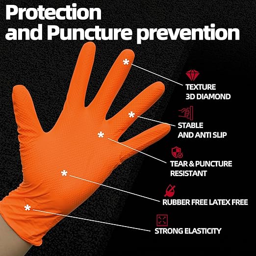 Jointown Basic Heavy Duty Nitrile Gloves, Mechanic Gloves 8 Mil Nitrile Disposable, with Raised Diamond Texture, Case of 100, Orange, Medium