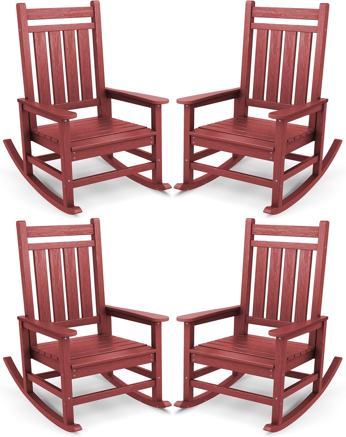 SERWALL Oversized Outdoor Rocking Chair Set of 4, HDPE Rocker for Adults, Patio Rocking Chairs for Porch, Crimson Red