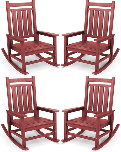 SERWALL Oversized Outdoor Rocking Chair Set of 4, HDPE Rocker for Adults, Patio Rocking Chairs for Porch, Crimson Red