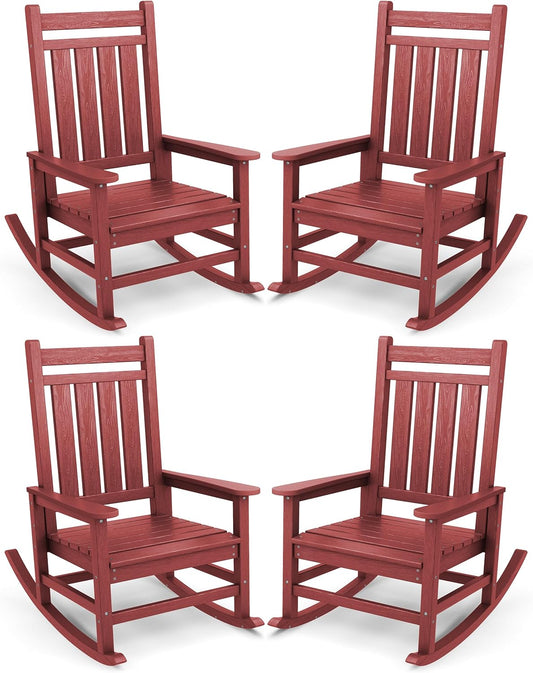 SERWALL Oversized Outdoor Rocking Chair Set of 4, HDPE Rocker for Adults, Patio Rocking Chairs for Porch, Crimson Red