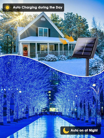 2 Pack 200 LED Solar String Lights Outdoor, Solar Christmas Lights with 8 Lighting Modes, Waterproof Green Wire Solar Tree Lights for Outside Xmas Wedding Party Garden Patio Yard Decorations (Blue)