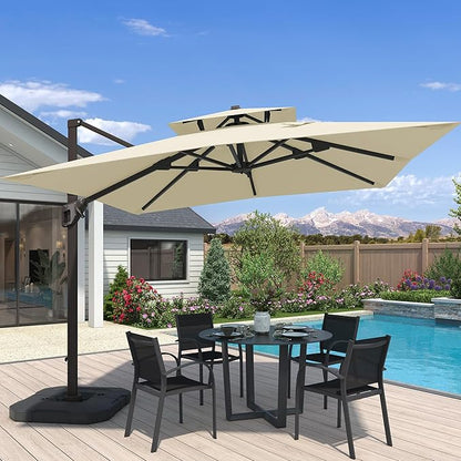 10x10 FT Cantilever Patio Umbrella with Base Included Double Top Outdoor Square Large Heavy Duty Aluminum Offset Umbrellas with 7 Level Tilt 360-degree Rotation for Pool Garden Deck,Beige