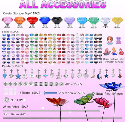 AIPRIDY 252 Pcs DIY Fairy Wand Garden Stakes Kit,Multiple Color Scheme European Beads Crystal Diamond Tops and 12 or 10 Inch Threaded Rods,Stainless Steel Stakes with Diamond Toppe(Fairy Tale)