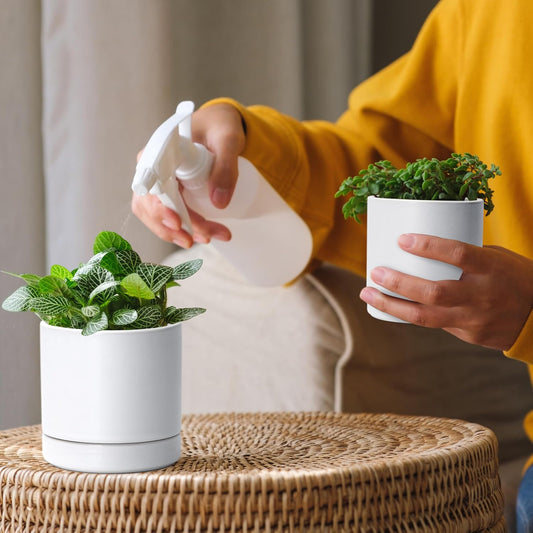 D'vine Dev 3.5 Inch & 4.7 Inch Ceramic Planter Pots for Plants with Drainage Hole and Saucer, X-Small Plant Pots Set, White, 94-G-XS-1