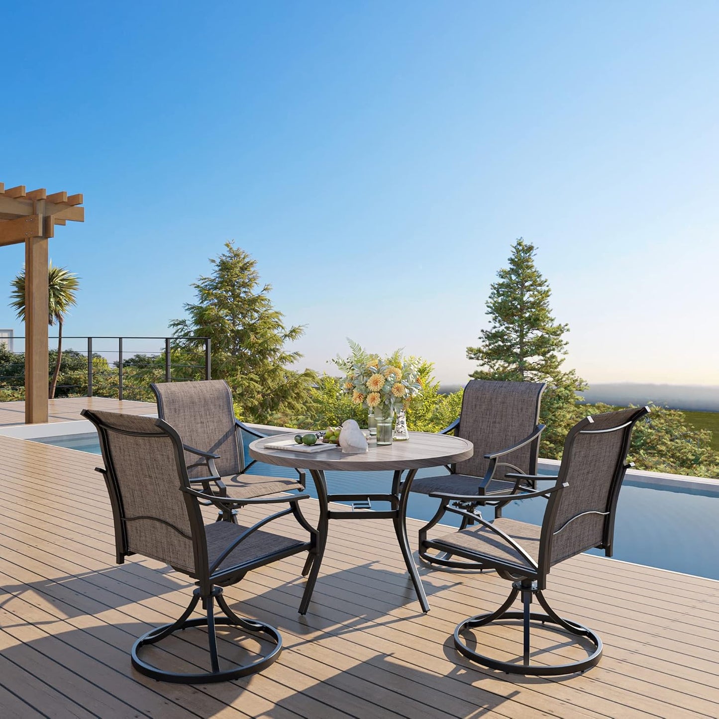 VICLLAX Round Patio Table with Adjustable Umbrella Hole, All Weather Outdoor Round Dining Table for Lawn Garden, 41.2"x 28" Grey Wood-Like Outdoor Coffee Table