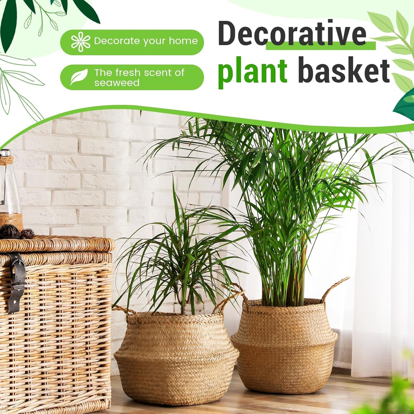 1 Pack Large Wicker Plant Basket with Handle 10 Inch Woven Seagrass Belly Basket and Artificial Moss for Plants Picnic Grocery Laundry House Storage Home Decor (Large)