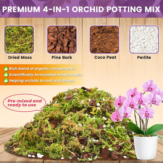 Legigo 6 QT Orchid Potting Mix- Natural Orchid Soil Mix for Repotting with Moss, Pine Bark, Coco Peat and Perlite, Enhanced Drainage Orchid Bark Potting Mix Repotting Kit for Indoor Plant Growth