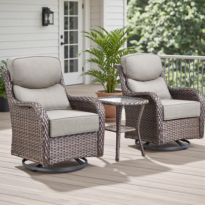 Outdoor Patio Swivel Rocker Chairs Set of 2, Waterproof Wicker, High Back, Deep Seating, Wide Armrest, Upgraded 6 inch Thick Cushions, Side Table, Ideal for Deck Porch Yard, Brown/Beige