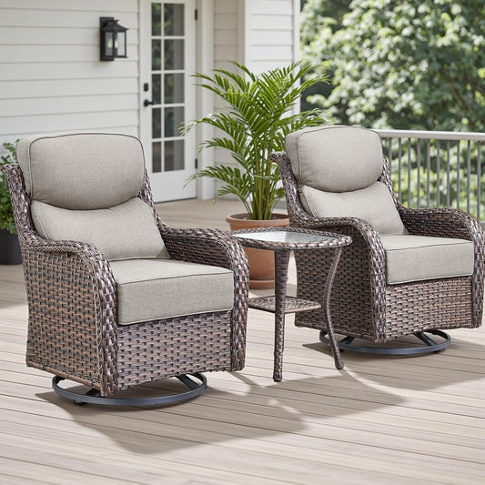 Outdoor Patio Swivel Rocker Chairs Set of 2, Waterproof Wicker, High Back, Deep Seating, Wide Armrest, Upgraded 6 inch Thick Cushions, Side Table, Ideal for Deck Porch Yard, Brown/Beige