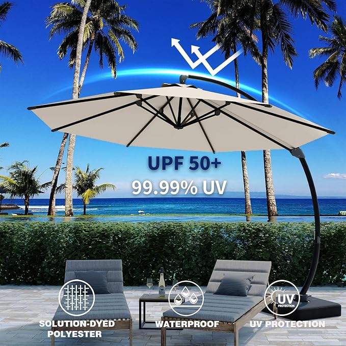 Outdoor Patio Umbrella with Sand Bag Included, 11 FT Deluxe Curvy Cantilever Umbrella Offset Hanging Umbrella with 360° Rotation for Market, Pool, Garden, Backyard, Deck