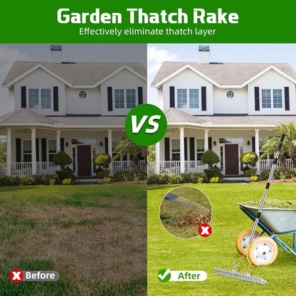 Thatch Rake, 15 Inch Wide Lawn Thatching Rakes for Cleaning Dead Grass, Efficient Metal Steel Lawn Dethatcher with Sponge Handle, Lawn loosening Soil Grass Rake (Silver)