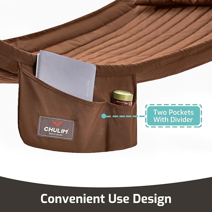 Double Quilted Fabric Hammock with Hardwood Spreader Bars and Pillow 450 LBS Capacity 2 Person Large Hammock for Outdoor Patio Backyard Poolside - Brown