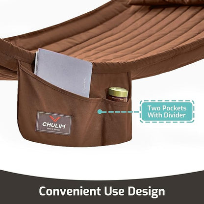 Double Quilted Fabric Hammock with Hardwood Spreader Bars and Pillow 450 LBS Capacity 2 Person Large Hammock for Outdoor Patio Backyard Poolside - Brown