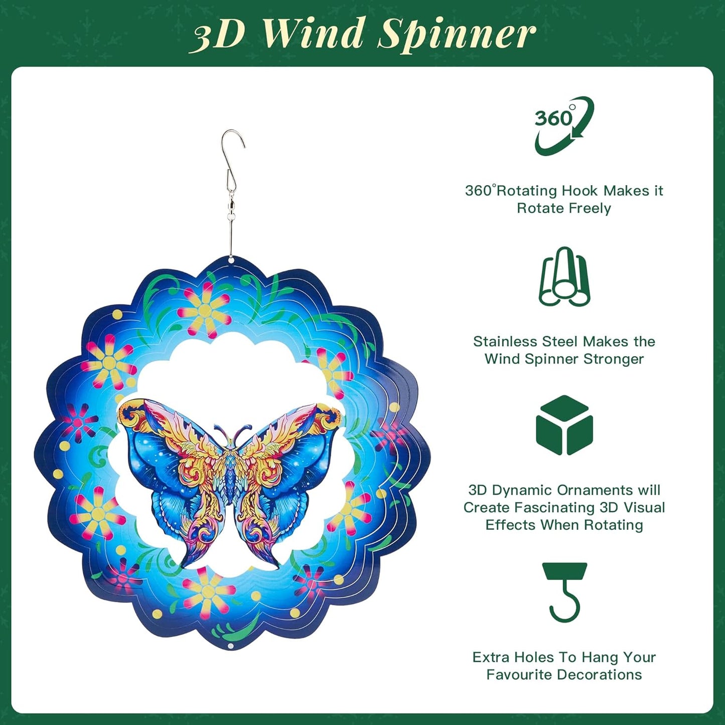 Butterfly Wind Spinners Outdoor Decorations-3D Stainless Steel Metal Butterflies Wind Spinners,12 inch Butterfly Gifts for Women, Sculpture for Yard Decorations Outdoor
