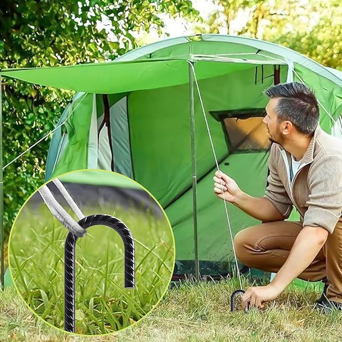 AAGUT Rebar Stakes 16 Inch J Hook Heavy Duty 16 Pack, 3/8 Inch Black Coated Metal Steel Ground Anchors Chain Link Fence Stakes for Camping Tent, Inflatables, Yard Decorations, Canopies & Swing Sets