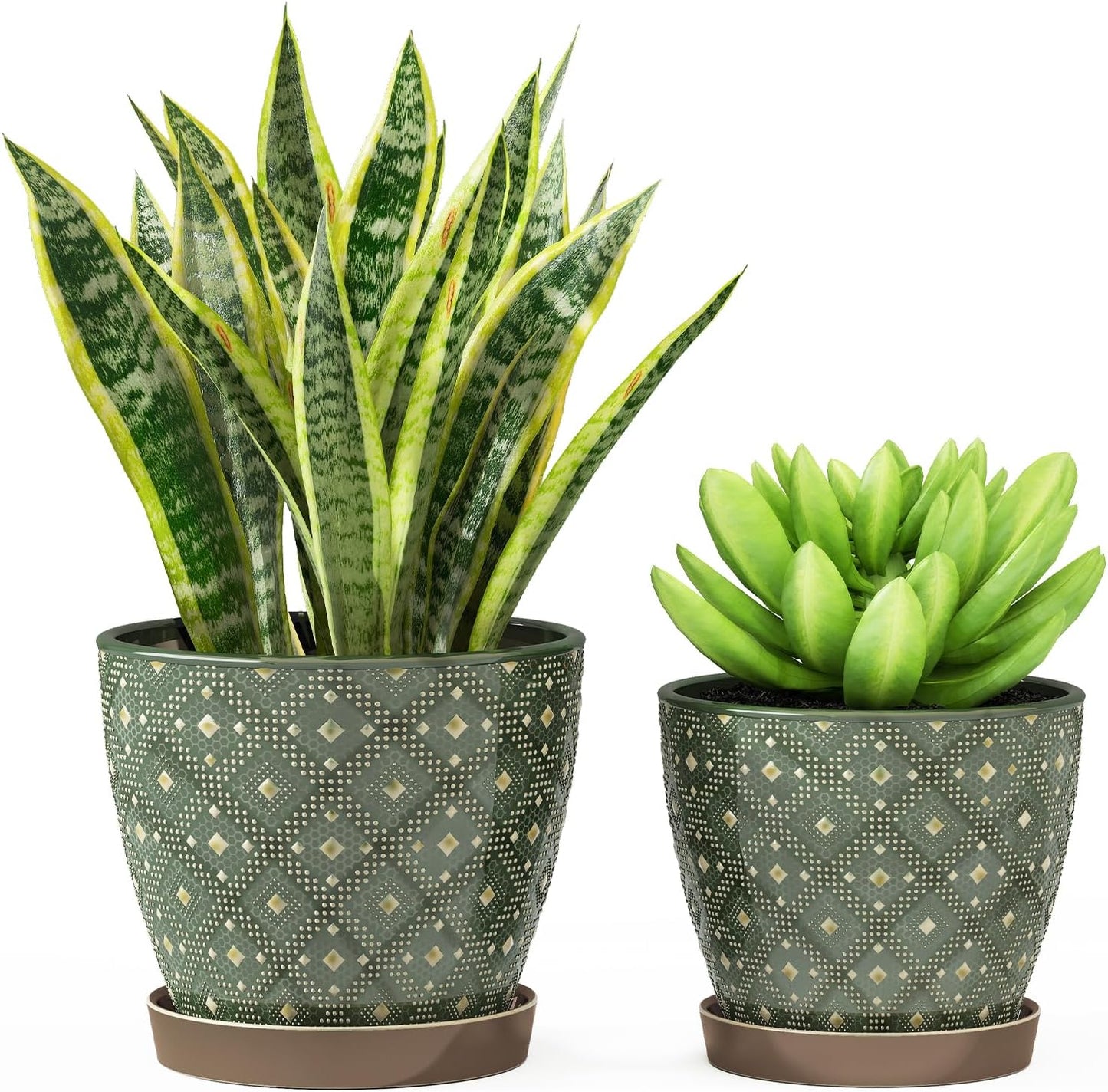 Docrin Ceramic Plant Pots Indoor, 6.6 + 5.5 Inch Planters with Drainage Holes and Saucer for Home/Office - Set of 2 /Dark Green