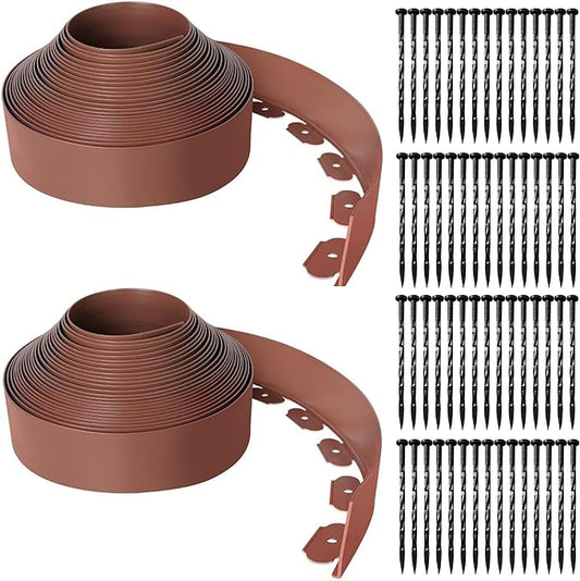 Landscape Edging Coil 66 FT, 4 Inch Tall Garden Edging Border Flexible Lawn Edging Kit with 60 Spikes, Plastic Edging for Landscaping Flower Beds Yard Pathway Paver Edging (4IN x 66FT, Brown)
