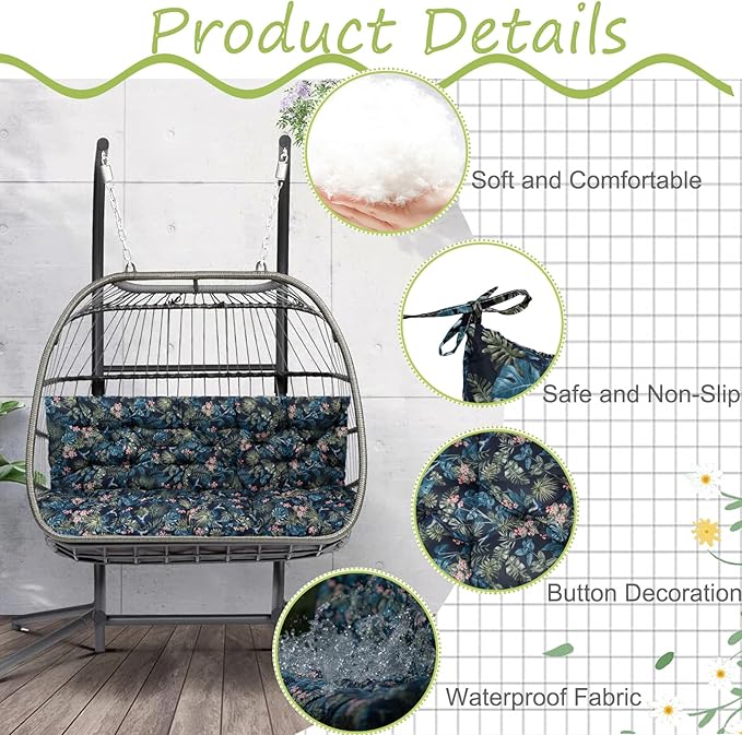 Swing Replacement Cushions with Backrest, 2 or 3 Seater Waterproof Non-Slip Overstuffed Swing Pad, Indoor/Outdoor Bench Cushion for Porch Chair Swings Garden Furniture (Hummingbird, 40 * 71 in)