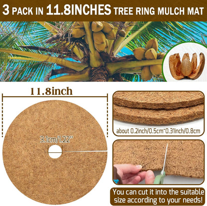 ZeeDix 3 Pack 12 Inch Coconut Fiber Mulch Ring, 100% Natural Coco Coir Tree Ring Mulch Mat Plant Protector Mat, Coconut Coir Discs Plant Pot Soil Cover for Indoor Outdoor Plants, Garden Decoration