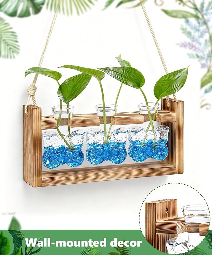 Nacome Butterfly Vase Propagation Stations: Glass Plant Terrarium with Wooden Stand for Home Office Desk Decor, Unique Gifts for Plant Lovers Women Mom