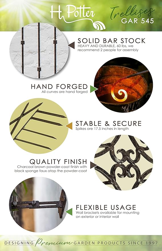 H Potter Wall Trellis Indoor Outdoor Wrought Iron Heavy Scroll Metal Decoration Large with Set of 4 Mounting Brackets