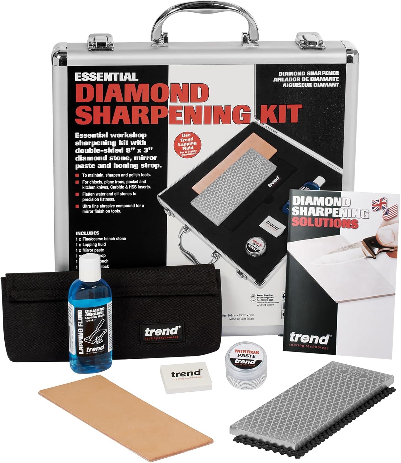 Trend Essential Diamond Sharpening Kit with 300/1000 Grit Bench Stone, Lapping Fluid, Leather Strop, Honing Paste, Cleaning Block & Sharpening Solutions Guide, DWS/KIT/H