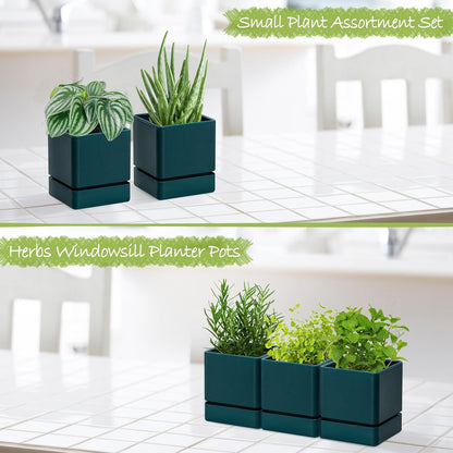 4 Inch Herb Planter Pot, Plastic Planter with Drainage Holes and Saucer, Modern Decorative Gardening Pot for Indoor Plants, Flowers, Herbs, Succulents, Green, Set of 3, 76-Y-C-3