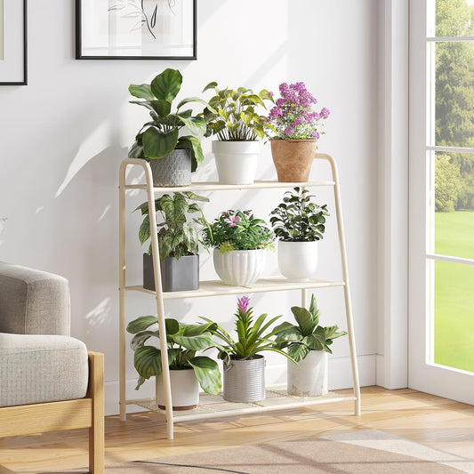 3-Tier Corner Plant Stand Indoor Outdoor , Metal Plant Shelf Black Large Heavy Duty Plant Rack Flower Pot Stand (White)
