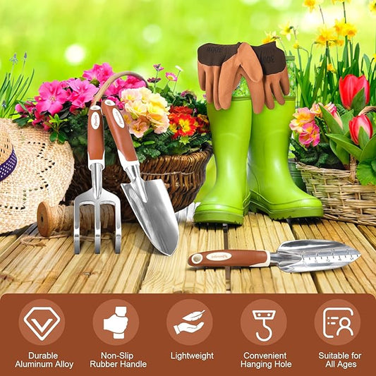 MelonArt Garden Tool Set, 4 Pieces Heavy Duty Gardening Hand Tool Kit Aluminum for Women Men Planting Including Hand Shovel, Transplant Shovel and Hand Rake with Non Slip Rubber Handle and Gloves