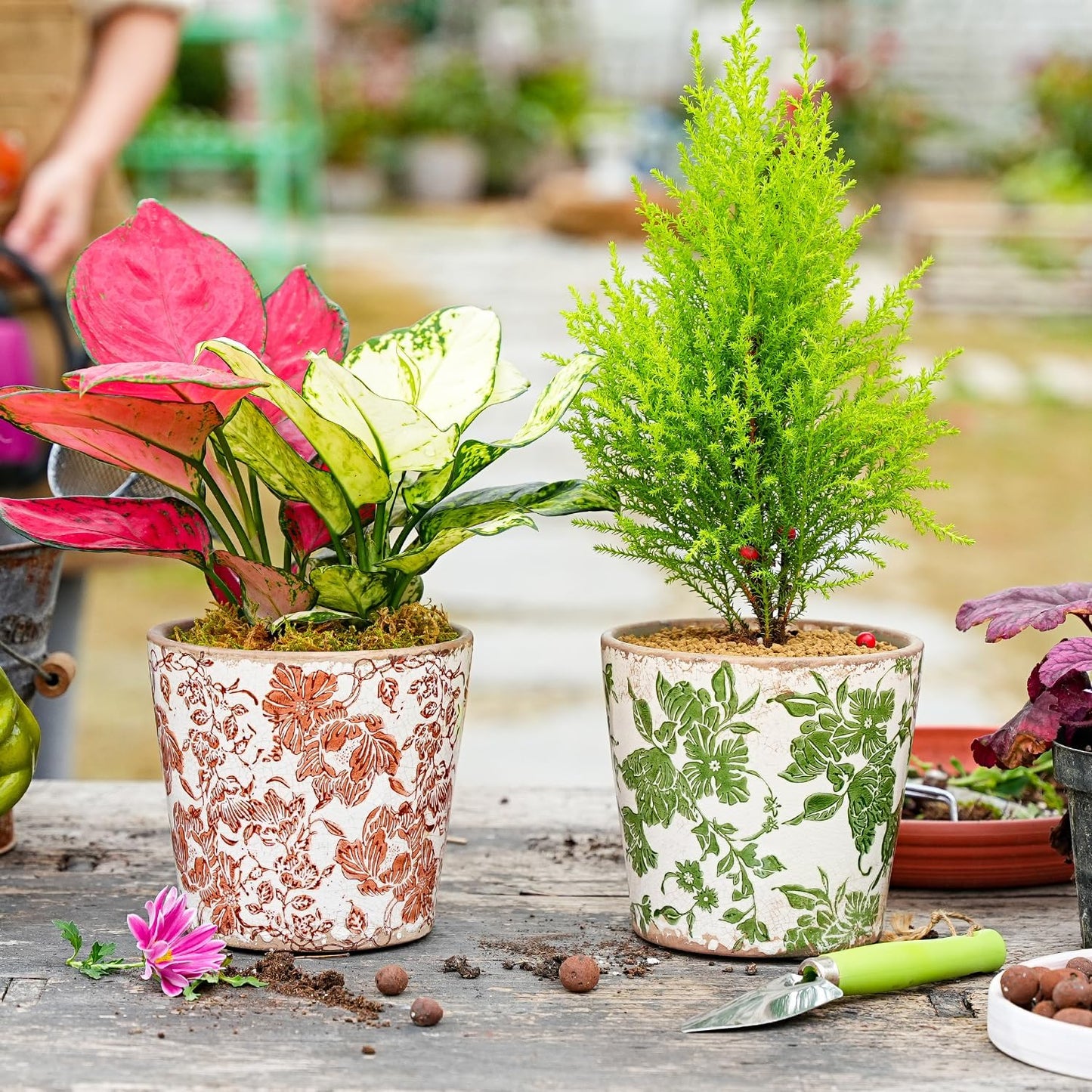 Sungmor Vintage Ceramic Plant Pots, Set of 3 Pretty Ice Cracked Glaze Ceramic Flower Pots, 5.5in. Herb Planters with Drainage Hole, Tuscan Planters for Indoor Outdoor Plants, Home Garden Decor Pot