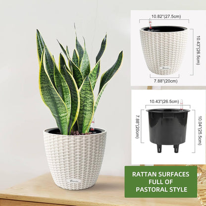 Dexceder 11x10 Inches Rattan Self Watering Planter Indoor Outdoor, Inner Pot Design, Thickened Table Flower Plant Pot with Water Level Indicator (Ivory White)