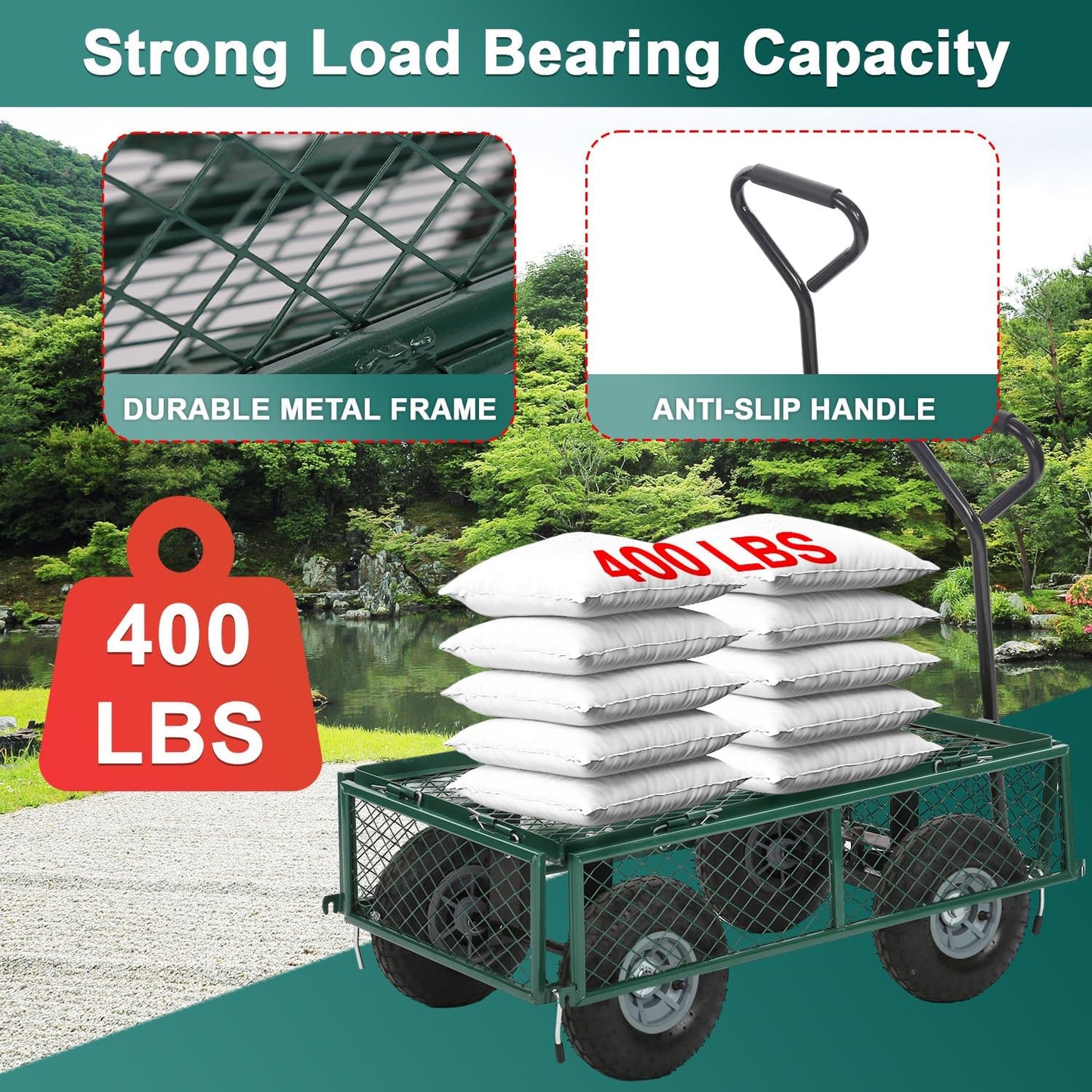 BestMassage Heavy Duty 500 Lbs Capacity Mesh Steel Garden Cart Folding Utility Wagon with Removable Sides for Beach Lawn Yard Landscape (Green)