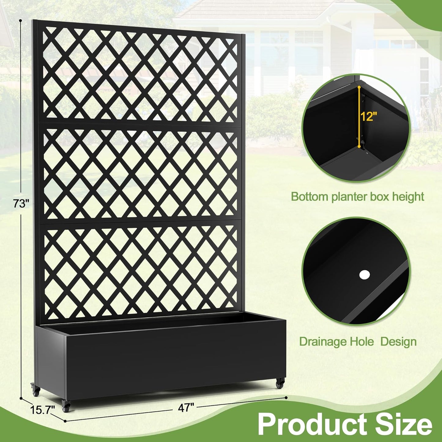 Metal Planter Trellis Box with Wheels & Drain Plug Outdoor Raised Garden Bed Patio Privacy Screen with Planter for Climbing Plants, Vegetables 73"x47"x16" Black-Diamond