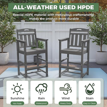 HDPE Outdoor Patio Tall Adirondack Bar Chairs Set of 2, All-Weather Bar Height Balcony Adirondack Stools for Bistro, Garden, Backyard, Pool, Deck | Grey