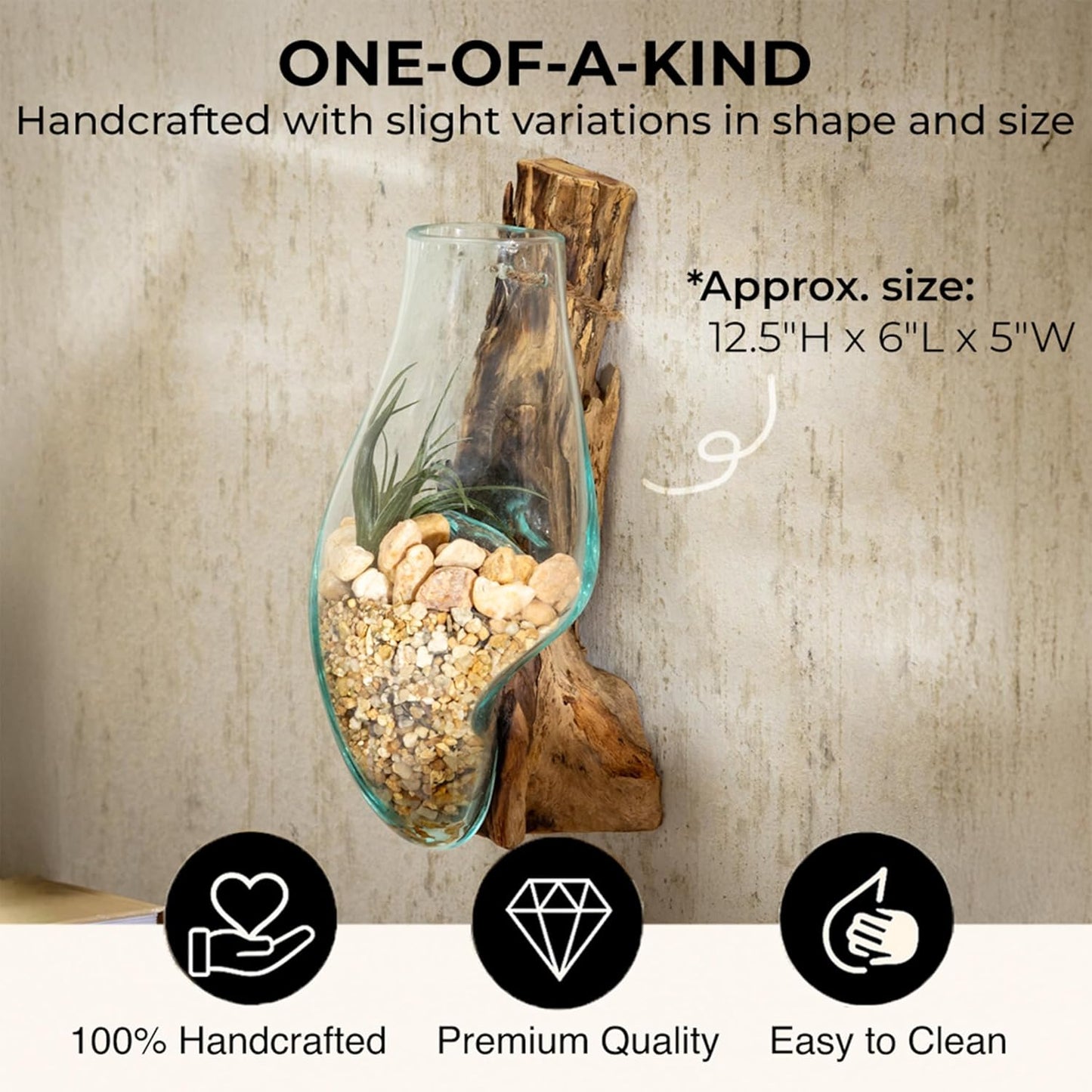 Cape Craftsmen Wall Mounted Molten Glass Hanging Terrarium on Driftwood, Indoor Wall Planter Vase on Wood, Propagation Station for Hydroponics Plants, Succulent Pot