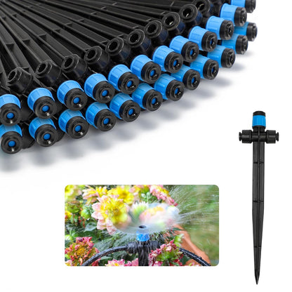 MIXC 20pcs Two-Way Quick-Connect Drip Irrigation Emitters for 1/4" Drip Irrigation Tubing - Adjustable Push-to-Connect 360° Drip Emitters Vortex on 7" Sturdy Stake for Irrigation System