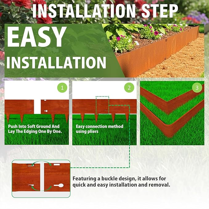 40"x10" Corten Steel Landscape Edging, 6-Pack (20ft Total) – Rusted Metal Garden Border, Lawn & Flower Bed Edging, Decorative Hammer-in Outdoor Landscaping Border for Yard, Pathways & Driveways