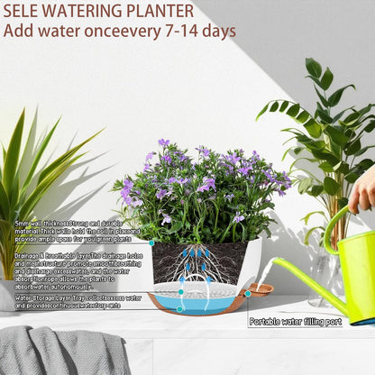 2 Pack 12 Inch Large Hanging Planters with Chains Self Watering White Brown Plastic Hanging Pots for Indoor Outdoor Plants, Garden Porch Home Decor，White Brown