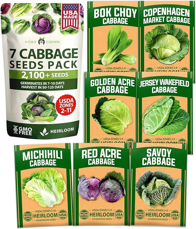 HOME GROWN 7 Cabbage Seeds for Planting - 2000+ Heirloom 𝗡𝗢𝗡-𝗚𝗠𝗢 𝗨𝗦𝗔 Seeds - Golden Acre,BokChoy,Savoy,Michihili, Red Acre, Copenhagen Market,Jersey Wakefield - Vegetable Seeds for Planting