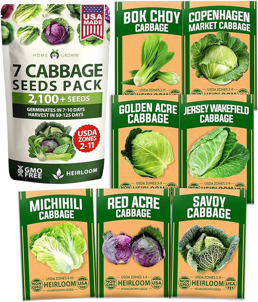 HOME GROWN 7 Cabbage Seeds for Planting - 2000+ Heirloom 𝗡𝗢𝗡-𝗚𝗠𝗢 𝗨𝗦𝗔 Seeds - Golden Acre,BokChoy,Savoy,Michihili, Red Acre, Copenhagen Market,Jersey Wakefield - Vegetable Seeds for Planting