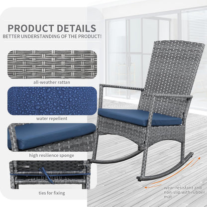Rocking Chair Outdoor 3 Pieces High-Backed Patio Rocking Chairs Bistro Table and Chairs Set of 2, Navy Blue