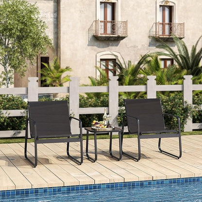 Gizoon Patio Chairs Set of 2, Patio Fumiture Set with Metal Fframe Glass Table, Outdoor Chairs Set of 2 for Balcony Bistro Table and Chair Set for Lawn, Black