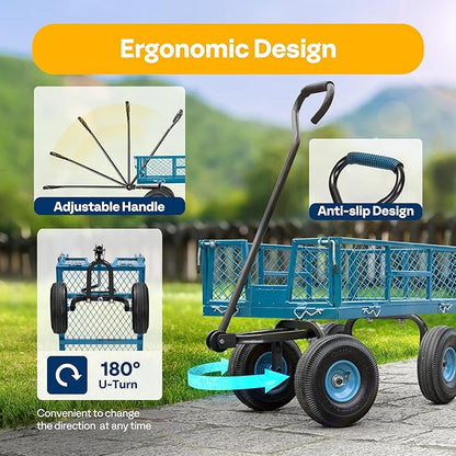 VIVOHOME Heavy Duty 880 Lbs Capacity Mesh Steel Garden Cart Folding Utility Wagon with Removable Sides and 4.10/3.50-4" Wheels 10 inch Tire (Blue)