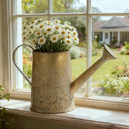 Vintage Distressed Gold Flower & Garden Watering Can, Decorative Metal Watering Pot Planter for Home Patio Backyard Outdoor Plant Care, Rustic Farmhouse Home Decor Accent