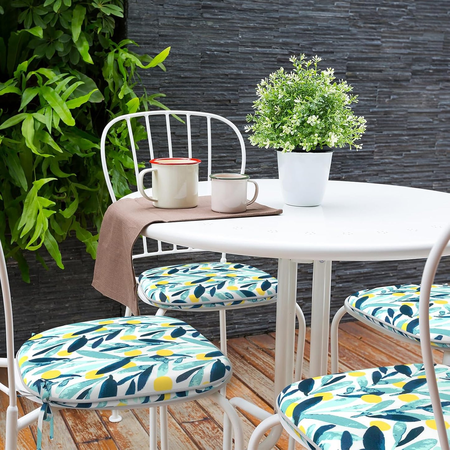 Indoor/Outdoor Chair Cushions 16x17 Inch, Patio Chair Cushions with Ties, All Weather Seat Cushions for Patio Furniture Home Garden Chair Use, Set of 4, Leaves Multi