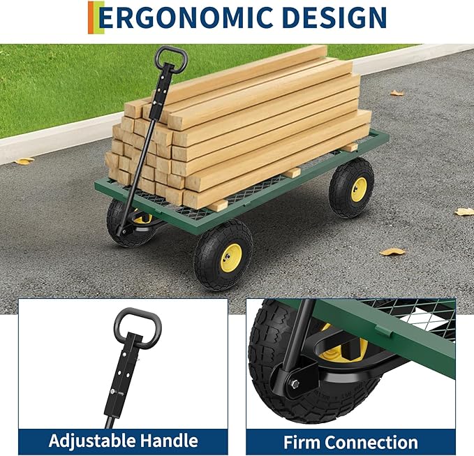 GarveeLife 900 LBS Garden Cart on Wheels with Adjustable Handles, Heavy Duty Steel Garden Wagon with Removable Mesh Sides to Convert into Flatbed, Wagon Cart for Lawn Farm Yard