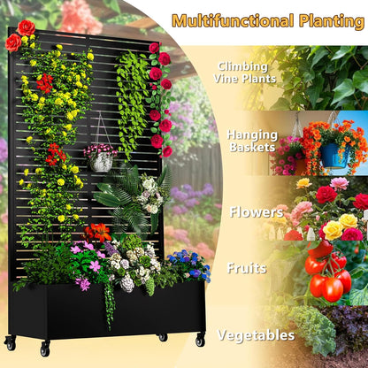 Metal Planter Box with Trellis, 72"x47"x16" Outdoor Galvanized Raised Garden Bed with Privacy Screen & Drainage Holes & Lockable Casters for Climbing Plants, Vegetable, Vines (Black-Louvered)