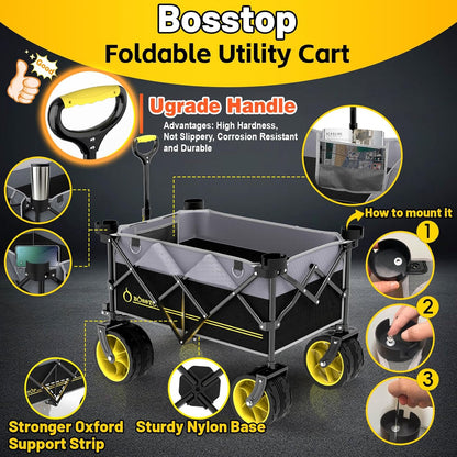 Collapsible Extended Wagon with Big All-Terrain Wheels 350LB& Oversized Outdoor Heavy Duty Utility Garden Cart Foldable Large Beach Wagon for Sand Fishing Camping Portable Grocery Pull Cart