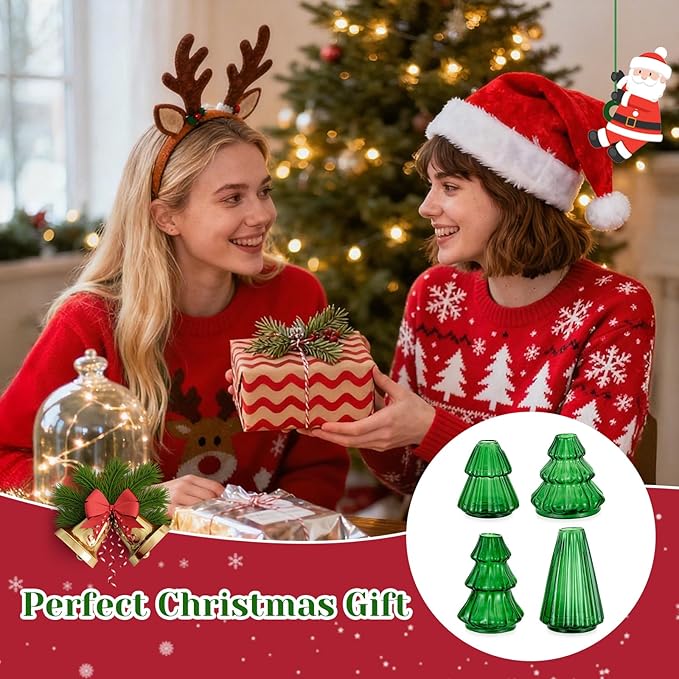 Glass Christmas Tree Propagation Stations: Hewory 4 PCS Propagation Vases for Plant Hydroponic Cutting Flowers - Green Christmas Tree Shaped Planter Pot for Home Holiday Decor Gifts